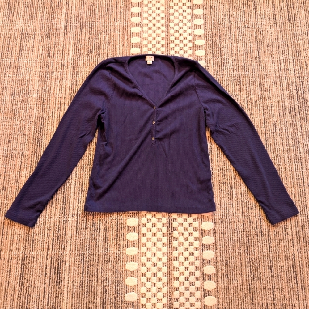 J Crew Navy Long Sleeve Henley V-Neck Top